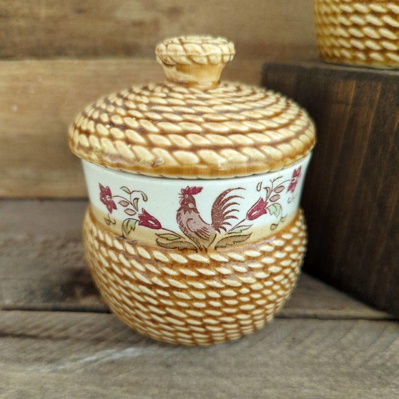 Vtg Tilso Rooster Creamer and Sugar with Lid Set / Braided Rope / Made in Japan - Picture 2 of 10